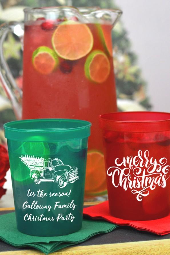 Translucent red and green cups printed with White imprint, CS1402 and CS1416 designs, and three lines of text in Crushine lettering style